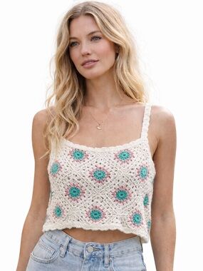 moon & madison White Crochet Crop Tank Top with Teal and Pink Accents